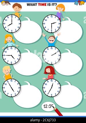 Illustrations de la tâche pédagogique de temps de raconter avec des visages d'horloge et des personnages Happy Children Illustration de Vecteur