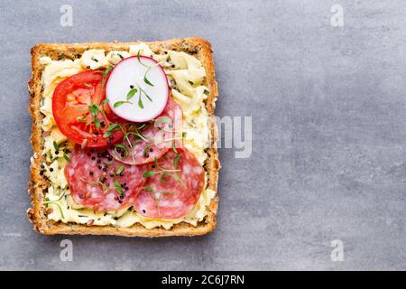 Variété de mini sandwiches avec fromage à la crème, légumes et salami. Sandwichs au concombre, radis, tomates, salami sur fond gris, vue du dessus Banque D'Images