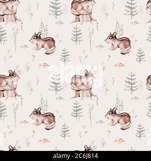 Motif scandinave aquarelle Woodland Animal sans coutures. Toile de fond avec hibou, hérisson, renard et papillon, écureuil de la forêt de lapins Banque D'Images