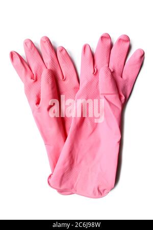 Paire de gants rose isolée sur fond blanc. Équipement de sécurité en latex Banque D'Images