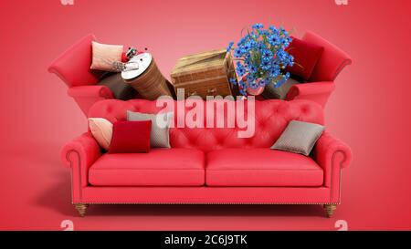 concept des catégories de produits mobilier et décor rendu 3d sur fond rouge Banque D'Images