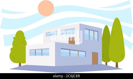 Maison à l'architecture moderne de style plat avec arbres verts. Illustration vectorielle dans la vue en perspective. Illustration de Vecteur