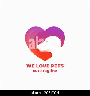 Modèle de symbole, de signe ou de logo « We Love Pets Abstract Vector ». Visage de chien d'espace négatif en forme de cœur. Concept de conception simple moderne. Illustration de Vecteur