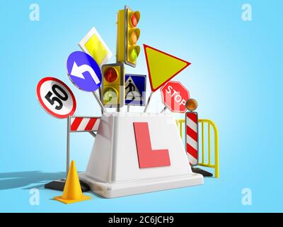concept de logo d'école de conduite signalisation routière feux de circulation escrime 3d rendu sur bleu Banque D'Images