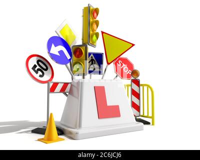 concept de logo d'école de conduite signalisation routière feux de circulation escrime 3d rendu sur blanc Banque D'Images