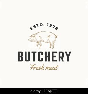 Boucherie de viande fraîche – modèle de symbole, de symbole ou de logo abstrait. Pig à gravure manuelle Sillfter avec Typographie rétro. Emblème vintage. Illustration de Vecteur