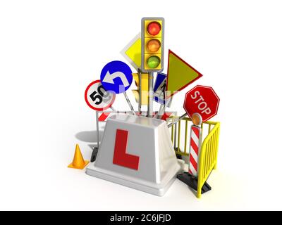 concept de logo d'école de conduite signalisation routière feux de circulation escrime 3d rendu sur blanc Banque D'Images