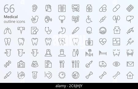 66 icônes de contour médical pour le web, l'application mobile, les présentations et autres Illustration de Vecteur