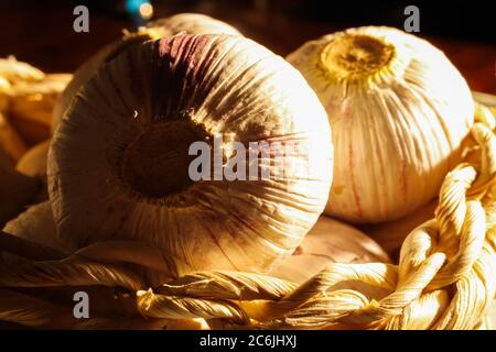 Macro gros plan des bulbes d'ail isoaltés en solo dans un panier en osier éclairé par la lumière (point central) Banque D'Images