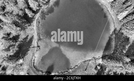 Lac alpin en été entouré par une belle forêt, vue aérienne en hauteur. Banque D'Images