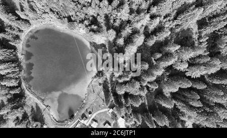 Lac alpin en été entouré par une belle forêt, vue aérienne en hauteur. Banque D'Images