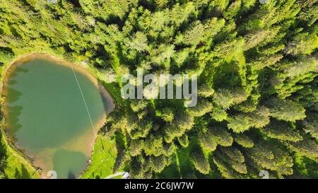 Lac alpin en été entouré par une belle forêt, vue aérienne en hauteur. Banque D'Images