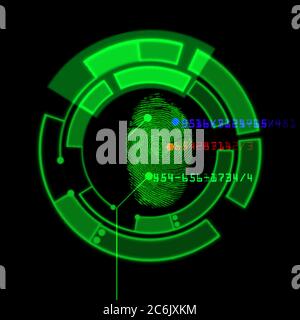 Système d'identification numérique par lecture d'empreintes digitales, illustration abstraite Banque D'Images