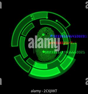 Système d'identification numérique par lecture d'empreintes digitales, illustration abstraite Banque D'Images