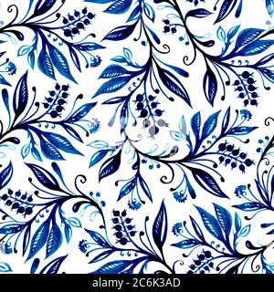 Motif fleuri aquarelle sans couture avec feuilles et baies de couleur bleue sur fond blanc. Dessin à la main et numérisation. Design pour papier peint, textil Banque D'Images