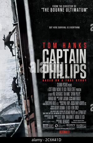 Le capitaine Phillips (2013) dirigé par Paul Greengrass et avec Tom Hanks, Barkhad Abdi, Barkhad Abdirahman et Max Martini. Histoire vraie du détournement en 2009 du navire de cargaison MV Maersk Alabama par des pirates somaliens et sauvetage par la Marine Seals. Banque D'Images