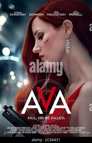 AVA (2020) dirigée par Tate Taylor et mettant en vedette Jessica Chastain, Diana Silvers, Common, Colin Farrell et John Malkovich. Une femme assassine mortelle se bat pour survivre lorsqu'un coup de haut profil se trompe. Banque D'Images