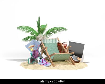 Concept de voyage et de tourisme chaise longue dans le sable avec des attributs pour le tourisme sur le sable 3D illustration sur dégradé de couleurs Banque D'Images