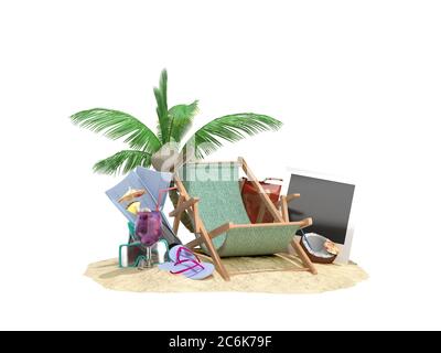 Concept de voyage et de tourisme chaise longue dans le sable avec des attributs pour le tourisme sur le sable 3D illustration sur blanc pas d'ombre Banque D'Images