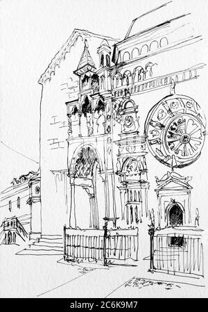 Dessin Lineard de la basilique Santa Maria Maggiore et de la Capella Colleoni à Citta Alta, Bergame, Italie. Banque D'Images