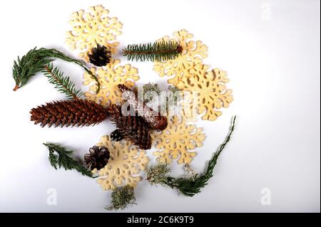 Mélange aléatoire de cônes de pin, de cônes d'épinette, de faux, de flocons de neige, de lichen, de genévrier et de brindilles d'épinette. Girland d'argent de minuscules boules d'argent. Copier l'espace dans l'ir Banque D'Images