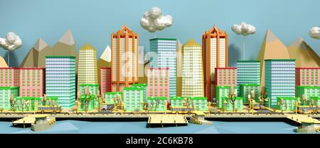 jaune jouet basse poly ville 3d rendu sur bleu Banque D'Images