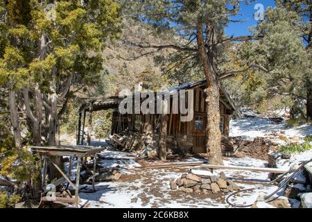 L'extérieur de la cabine d'un mineur abandonné. Situé dans le Sourdough Canyon, près de la ville fantôme de Panamint City dans le parc national de la Vallée de la mort. Banque D'Images