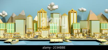 jaune jouet basse poly ville 3d rendu sur bleu Banque D'Images
