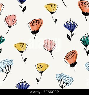 Style rétro abstrait dessiné à la main simple fleur sans couture motif Banque D'Images