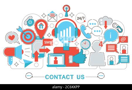 Design moderne plat fin de ligne Contactez-nous concept de support pour le site web de bannière, la présentation, la brochure et l'affiche Illustration de Vecteur