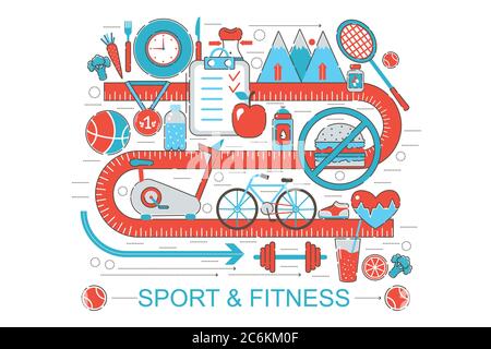 Design moderne plat fin de ligne concept de forme physique et de sport sain pour le site Web de bannière, la présentation, la circulaire et l'affiche Illustration de Vecteur