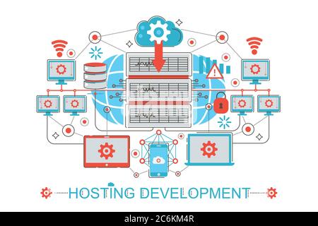 Moderne graphique ligne plate style infographics concept de développement d'hébergement avec des icônes, pour le site Web, la présentation et l'affiche Illustration de Vecteur