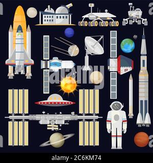 Industrie des technologies spatiales et spatiales pour l'infographie. Icône astronomie. Planètes, fusées, satellites Illustration de Vecteur