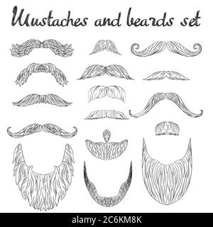 Collection de poils, de moustache et de barbes. Taille basse haut détail rétro éléments de mode. Style de dessin avec lignes vectorielles Illustration de Vecteur