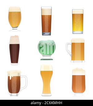 Ensemble de collecte de bière de différents types. Symboles de bouteille de bière vectorielle, tasses en verre à bière. Vacances Oktoberfest bière Illustration de Vecteur