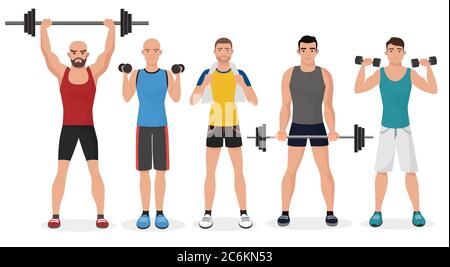 Fitness hommes homme dans le kit de gym. Des hommes en bonne santé font des exercices et de la gymnastique avec des haltères et des haltères Illustration de Vecteur