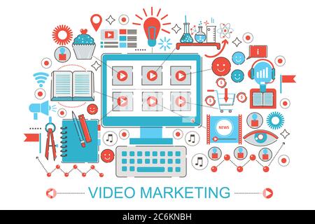 Design moderne plat mince Line numérique vidéo marketing en ligne concept de publicité pour le site web de bannière, la présentation, la circulaire et l'affiche Illustration de Vecteur