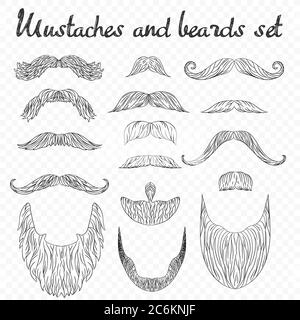 Collection de poils, de moustaches et de barbes isolés sur fond alpha transperant. Taille basse haut détail rétro éléments de mode. Style de dessin avec lignes vectorielles Illustration de Vecteur