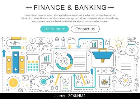 Vector élégant ligne fine plat moderne conception d'art Finance concept d'investissement bancaire. Mise en page des éléments de bannière d'en-tête de site Présentation, circulaire et affiche Illustration de Vecteur