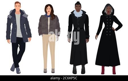 Beaux jeunes garçons avec de belles filles modèles en hiver chaud décontracté moderne vêtements de mode isolés. Couples de personnes noires et blanches Illustration de Vecteur