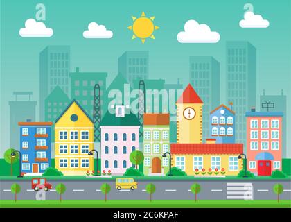 Illustration vectorielle paysage urbain plat. Bâtiments du village et gratte-ciel. Paysage urbain Illustration de Vecteur