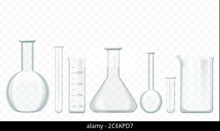 Tubes à essai en verre vectoriel isolés sur du blanc. Équipement de verrerie de laboratoire Illustration de Vecteur