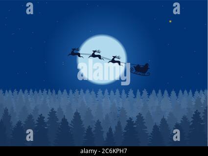 Santa volant dans le ciel nocturne sous la forêt de noël. Santa traîneau conduite sur les bois près de la grande lune dans la nuit Illustration de Vecteur