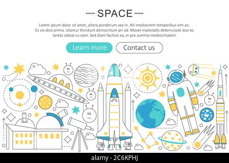 Vector élégant fin ligne plat moderne conception ouverte espace exploration de la technologie concept. Mise en page des éléments de bannière d'en-tête de site Présentation, circulaire et affiche Illustration de Vecteur