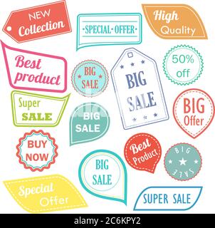 Autocollants solde à motif plat moderne. Solde Collection de badges hipster, promotions de produits, bannières de shopping en ligne Illustration de Vecteur
