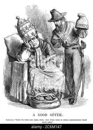 1860, septembre, ITALIE: L'heroe italien Risogimentaire GIUSEPPE GARIBALDI ( 1807 - 1882 ). Illustration satyricale par l'artiste JOHN TENNIEL du magazine britannique PUNCH ( Londres, 29 septembre 1860 ) avec Garibaldi essayant de persuader le Pape PIE IX ( Papa Pio IX ) que la casquette de la liberté sont plus confortables que la couronne papale Triregno . - UNIFICATION DE L'ITALIE - POLITIO - POLITICA - POLITIQUE - Unità d'Italia - Risorgimento - foto storiche - foto storica - HISTOIRE - portrait - ritrato - barbe - barba - chapeau - cappello - spada - épée - vignetta satirica - SATIRA - SATYRICAL - caricatura - c Banque D'Images