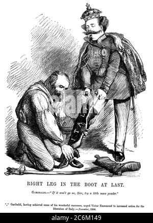 1860, ITALIE: L'heroe ITALIEN Risogimentaire GIUSEPPE GARIBALDI ( 1807 - 1882 ). Illustration satyricale par l'artiste JOHN TENNIEL du magazine britannique PUNCH ( Londres, novembre 1860 ), JAMBE DROITE DANS LA CHAUSSURE ENFIN , avec Garibaldi aidant le roi d'Italie VICTOR EMMANUEL II unification de l'Italie . - UNIFICATION DE L'ITALIE - POLITI - POLITICA - POLITIQUE - Re VITTORIO EMANUELE II di SAVOIA - Unità d'Italia - Risorgimento - foto storiche - foto storica - HISTOIRE - portrait - ritrato - barbe - barba - chapeau - cappello - spada - épée - vignetta satirica - SATIRA - SATYRICAL - caricatura - caricature Banque D'Images