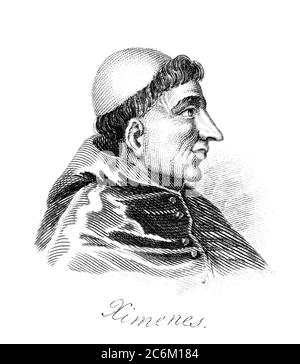 1510 c, ESPAGNE : le Cardinal espagnol FRANCISCO JIMENEZ ( XIMENES ) DE CISNEROS ( 1436 - 1517 ), homme d'Etat catholique romain , Regent d'Espagne et Grand Inquisitor . Portrait gravé et pubblié au XIX siècle . - RELIGIONE CATTOLICA - ARCIVESCOVO - CARDINALE - RELIGION CATHOLIQUE - CLERICALI - CLERICALE - ALTO PRELATO - VATICANO - VATICAN - SPAGNA - SANTA INQUISIZIONE - INQUISITORE - FRANCESCANO - ORDINE DEI FRANCAI - ILLUSTRATION ILLUSTRAZIONE - POLITICA - POLITICA - REGUSTICA - REGUSTICA - REGUSTICA - REGUSTICA - REGUSTICA - REGUSTICA - REGUSTICA - REGUSTICA - REGUSTICA Regno di Castiglia - Castilla --- Archivio GBB Banque D'Images