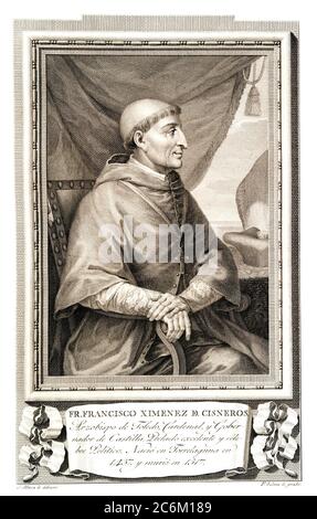 1510 c, ESPAGNE : le Cardinal espagnol FRANCISCO JIMENEZ ( XIMENES ) DE CISNEROS ( 1436 - 1517 ), homme d'Etat catholique romain , Regent d'Espagne et Grand Inquisitor . Portrait gravé par F. Selma d'une oeuvre originale de J. Marea , pubbliblé au XIX siècle . - RELIGIONE CATTOLICA - ARCIVESCOVO - CARDINALE - RELIGION CATHOLIQUE - CLERICALI - CLERICALE - ALTO PRELATO - VATICANO - VATICAN - SPAGNA - SANTA INQUISIZIONE - INQUISITORE - FRANCESCANO - ORDINE DEI FRANCAI - ILLUSTRATION ILLUSTRAZIONE - POLITICA - POLITICA - REGUSTICA - REGUSTICA - REGUSTICA - REGUSTICA - REGUSTICA - REGUSTICA - REGUSTICA - REGUSTICA - REGUSTICA Regno di Castiglia - Castilla --- Banque D'Images