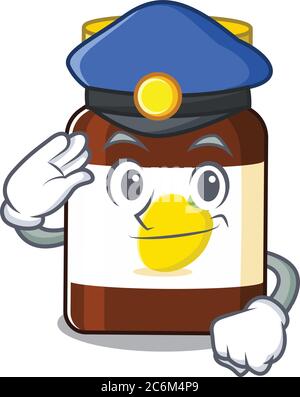 Dessin de dessin animé d'un policier portant un chapeau bleu, la vitamine C en bouteille Illustration de Vecteur